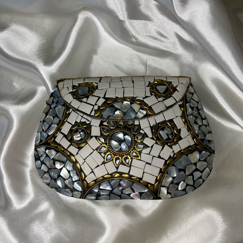 Handmade Brand new Gold and white mosaic luxury clutch with chain